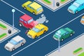 Car crash, vector isometric 3D illustration. Street accident at intersection of the main and secondary roads. Royalty Free Stock Photo