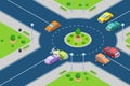 Car crash, vector isometric 3D illustration. Street accident at roundabout junction road. Royalty Free Stock Photo