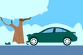 Car crashed into a tree. Winter accident. Vector illustration Royalty Free Stock Photo