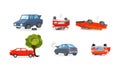 Car Crashes, Wrecked Vehicles And Insurance Cases On The Road Vector Illustration Set Isolated On White Background Royalty Free Stock Photo