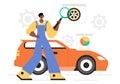 Car Customization and Modifications Vector Illustration featuring a Tuned Automobile with Upgraded Wheels, Nitrous Systems
