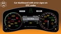 Car dashboard in format. Collection of car panel indicators, yellow, red, green, indicators, gauges, RPM, DTC codes