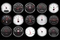 Car dashboard gauges. Collection of speed, fuel, temperature devices on black background Royalty Free Stock Photo