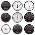 Car dashboard gauges. With metal frame. Collection of speed, fuel devices Royalty Free Stock Photo