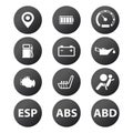 Car dashboard panel indicators, white in black circles. car icon buttons. Electronic stability control, Automatic Brake Royalty Free Stock Photo