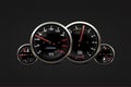 Car dashboard speedometer, tachometer, digital LED indicators for fuel and engine temperature. Vector realistic elements