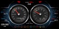 Car dashboard speedometer, tachometer, digital LED indicators for fuel and engine temperature. Vector realistic elements