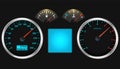 Car dashboard speedometer, tachometer gauge, fuel and engine temperature. Realistic car`s dashboard. Vector illustration