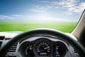 Car dashboard speeds while on green grass and sky. car driving f