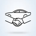 Car Deal with Hand shake sign line icon or logo. Business shaking concept. Car dealer making a deal handshake vector linear Royalty Free Stock Photo