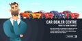 Car dealer centre concept banner. Automobile salling or rent. Auto business cartoon style illustration. Royalty Free Stock Photo