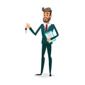 The car dealer gives the keys. Happy auto seller with documents. A cartoon confident young salesman is selling a car Royalty Free Stock Photo