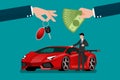 The car dealer`s hand make an exchange between the exotic luxury super car and the customer`s money.