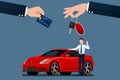 The car dealer`s make an exchange, sale, rent between a car and the customer`s credit card. Royalty Free Stock Photo