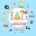 Car Dealership Firm Professional Dealer Selling The Vehicle To The Young Couple Illustration With Different Car Dealing