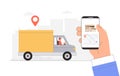 Car delivery service concept, hand holding phone with tracking courier`s location. Flat style vector illustration