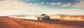 Car on desert highway road banner. Car trip along desert mountain landscape, panoramic web header Royalty Free Stock Photo