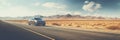 Car on desert highway road banner. Car trip along desert mountain landscape, panoramic web header Royalty Free Stock Photo