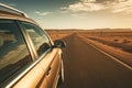 Car on desert highway road. Car trip along desert mountain landscape, closeup side view Royalty Free Stock Photo