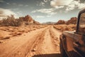 Car on a desert road in Utah, USA. Vintage filter applied. Adventure desert road explore vibe, AI Generated