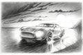 car design pencil sketch with a sunset setting, creating a dramatic and inspiring scene