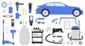 Car detailing equipment set. Vector illustration kit of isolated automobile service tools. Polish, vacuum wash painting waxing dry Royalty Free Stock Photo