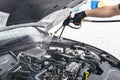 Car detailing. Manual car wash engine with pressure water. Washing car engine with water nozzle. Car washman worker cleaning vehic Royalty Free Stock Photo