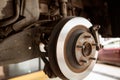 Car disc brake system. Car suspension in process of new tire replacement at garage workshop. Car disc brake mechanic check and Royalty Free Stock Photo