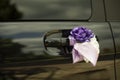 Car door handles wedding decoration. Purple bow on the car Royalty Free Stock Photo