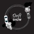 Car drift card vector illustration. Drift show banner, poster, brochure, flyer. Top view of a drifting vehicles