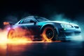 Car drifting, Blurred image diffusion race drift car with lots of smoke from burning tires AI generated