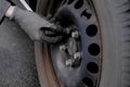 Car drive close up, super slow motioncar wheel replacement in the workshop, self-service tire fitting concept, the technician uses