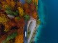 Car drive on road in autumn forest by lake, aerial view Royalty Free Stock Photo