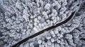 Car drive trough winter forest,aerial view Royalty Free Stock Photo