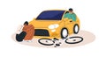 Car driver call for help after hitting cyclist. Shocked bicycle rider sitting on road after traffic accident. Bike and