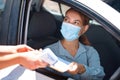 Car driver, face mask and document covid woman exam medical report for security, safety and corona virus protection