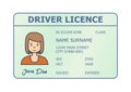 Car driver licence identification. Driver licence plastic card with woman photo.