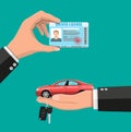 Driver license in hand and sedan car with keys Royalty Free Stock Photo