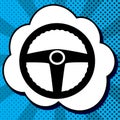 Car driver sign. Vector. Black icon in bubble on blue pop-art ba