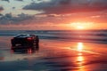 A car drives along the sandy beach as the sun sets in the background, creating a scenic and dynamic image, A sports car moving on