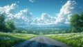 Car drives on asphalt road through grassy landscape with trees under cloudy sky Royalty Free Stock Photo