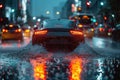 Car drives through a deep puddle on a flooded street. Royalty Free Stock Photo