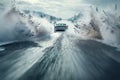 a car drives fast on a winter slippery road creating a whirlwind of snow, the concept of safety on a slippery road