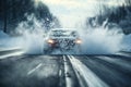 a car drives fast on a winter slippery road creating a whirlwind of snow, the concept of safety on a slippery road