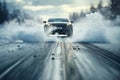 a car drives fast on a winter slippery road creating a whirlwind of snow, the concept of safety on a slippery road
