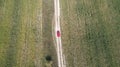 Car drives on the road between two big fields with green wheat. Agriculture landscape. Royalty Free Stock Photo