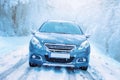 Car drives through the snow. Winter driving concept