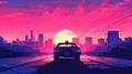 Retrowave-inspired Sunset Cityscape With Police Car Silhouette