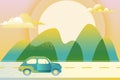 Car driving along mountain road, illustration. Automobile travel, trip concept. Outdoor tourism and travel.