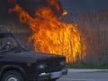 Car is driving along the road near the fire Royalty Free Stock Photo